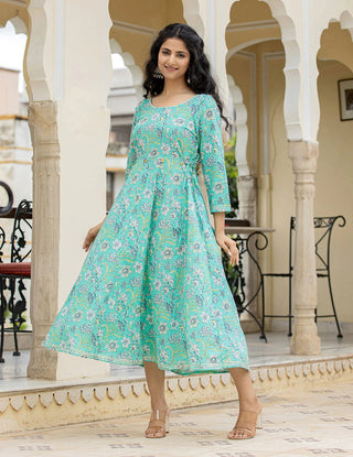 Sea Green Flared Floral Print Ethnic Dress