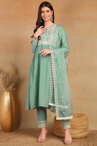 Sea Green Silk Blend Embroidered Flared Suit Set with Dupatta