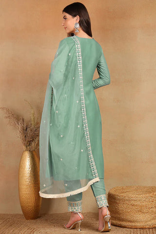 Sea Green Silk Blend Embroidered Flared Suit Set with Dupatta