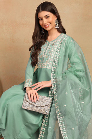 Sea Green Silk Blend Embroidered Flared Suit Set with Dupatta