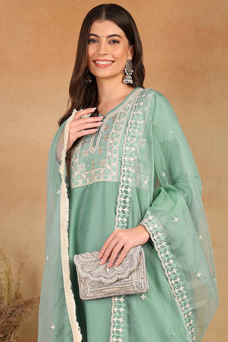 Sea Green Silk Blend Embroidered Flared Suit Set with Dupatta