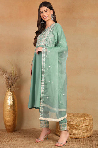 Sea Green Silk Blend Embroidered Flared Suit Set with Dupatta