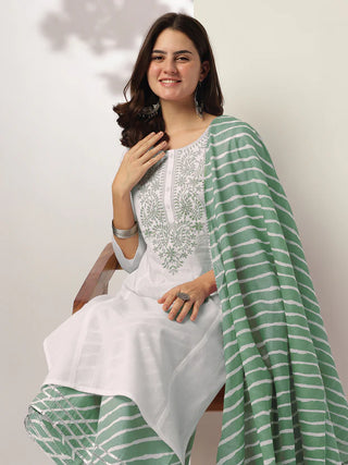 White & Sea Green Pure Cotton Embroidered Suit Set with Dupatta
