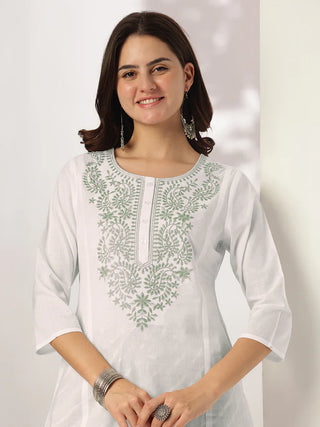 White & Sea Green Pure Cotton Embroidered Suit Set with Dupatta