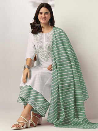 White & Sea Green Pure Cotton Embroidered Suit Set with Dupatta