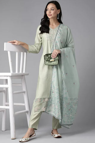 Sea Green Silk Yoke Design Printed Suit Set with Chiffon Dupatta