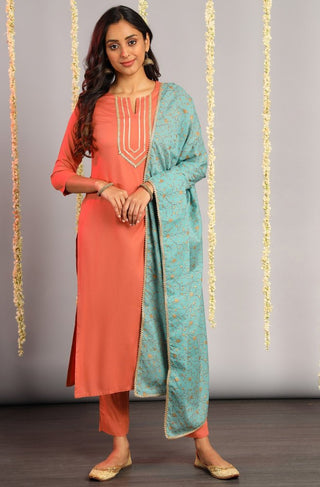 Coral Rayon Kurta With Pant And Dupatta