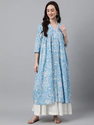 Blue Cotton Floral Print Kurta