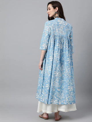 Blue Cotton Floral Print Kurta