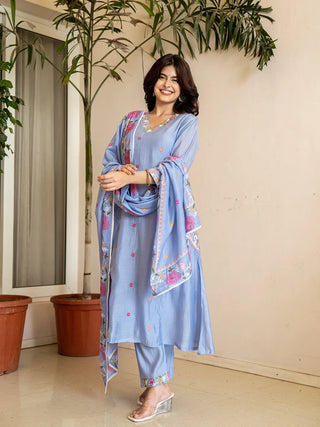 Sky Blue Chanderi Silk Resham Embroidery A Line Kurta with Silk Blend Bottom & Dupatta