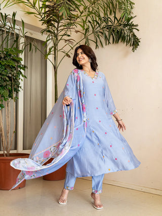 Sky Blue Chanderi Silk Resham Embroidery A Line Kurta with Silk Blend Bottom & Dupatta