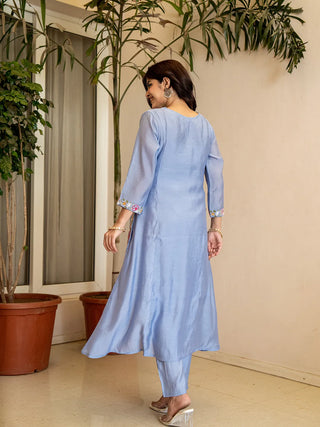 Sky Blue Chanderi Silk Resham Embroidery A Line Kurta with Silk Blend Bottom & Dupatta