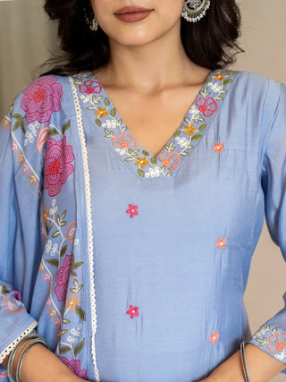Sky Blue Chanderi Silk Resham Embroidery A Line Kurta with Silk Blend Bottom & Dupatta