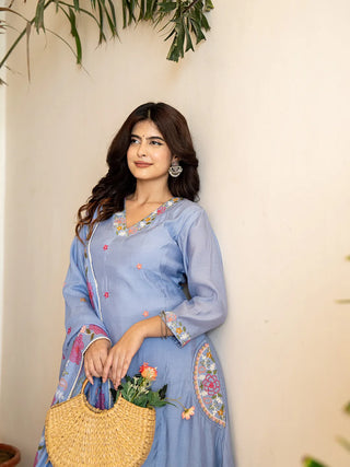 Sky Blue Chanderi Silk Resham Embroidery A Line Kurta with Silk Blend Bottom & Dupatta