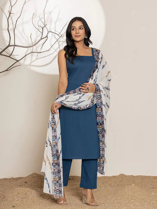 Navy Blue Solid Straight Shape Suit Set with Voile Printed Dupatta