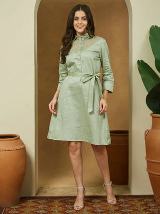 Solid Sage Green Cotton Embellished Tie Up Dress