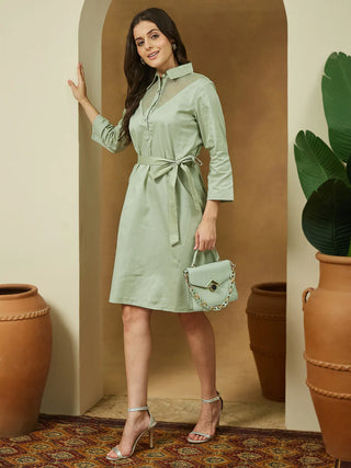 Solid Sage Green Cotton Embellished Tie Up Dress