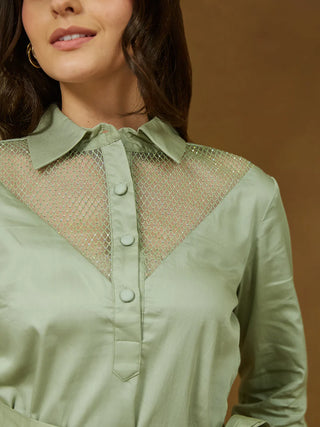 Solid Sage Green Cotton Embellished Tie Up Dress