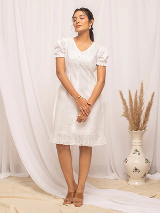 White Schiffli Work Cotton Dress