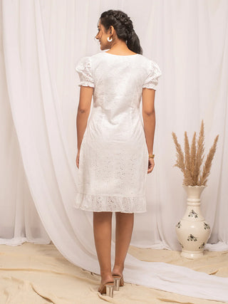 White Schiffli Work Cotton Dress