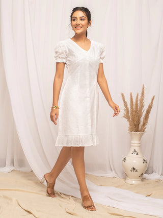 White Schiffli Work Cotton Dress