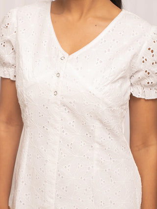 White Schiffli Work Cotton Dress