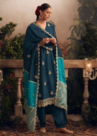 Modal Silk Teal Blue Embroidered Suit Set