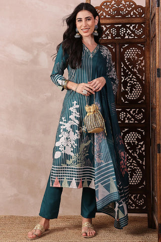 Teal Blue Rayon Blend Floral Printed Straight Shape Suit Set with Dupatta