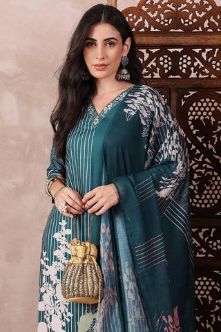 Teal Blue Rayon Blend Floral Printed Straight Shape Suit Set with Dupatta