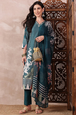 Teal Blue Rayon Blend Floral Printed Straight Shape Suit Set with Dupatta