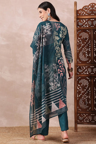 Teal Blue Rayon Blend Floral Printed Straight Shape Suit Set with Dupatta