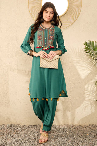 Teal Blue Viscose Rayon Thread Embroidered Straight Shape Kurta Trouser CO-Ord Set