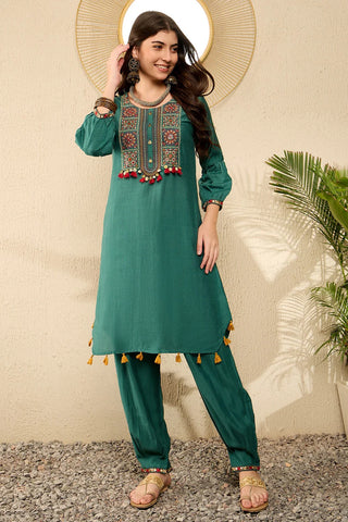 Teal Blue Viscose Rayon Thread Embroidered Straight Shape Kurta Trouser CO-Ord Set