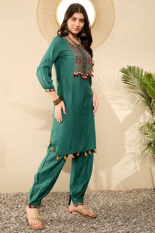 Teal Blue Viscose Rayon Thread Embroidered Straight Shape Kurta Trouser CO-Ord Set