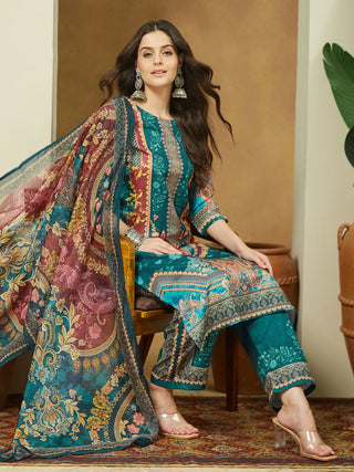 Teal Blue Cotton Blend Ethnic Motif Printed Suit Set with Chanderi Blend Dupatta