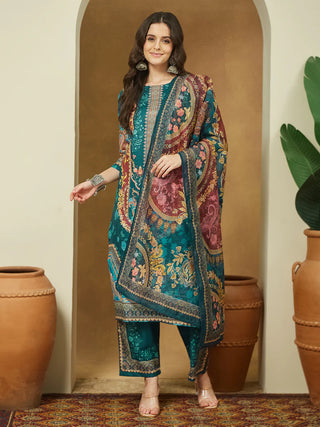 Teal Blue Cotton Blend Ethnic Motif Printed Suit Set with Chanderi Blend Dupatta