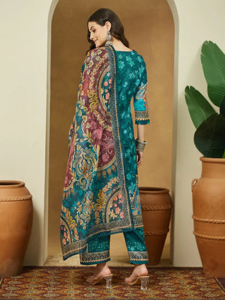 Teal Blue Cotton Blend Ethnic Motif Printed Suit Set with Chanderi Blend Dupatta