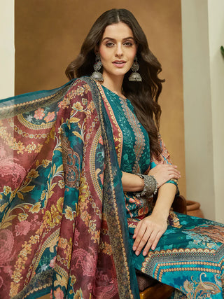Teal Blue Cotton Blend Ethnic Motif Printed Suit Set with Chanderi Blend Dupatta