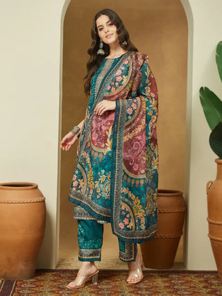 Teal Blue Cotton Blend Ethnic Motif Printed Suit Set with Chanderi Blend Dupatta