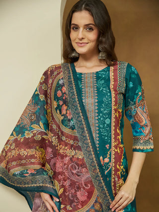 Teal Blue Cotton Blend Ethnic Motif Printed Suit Set with Chanderi Blend Dupatta