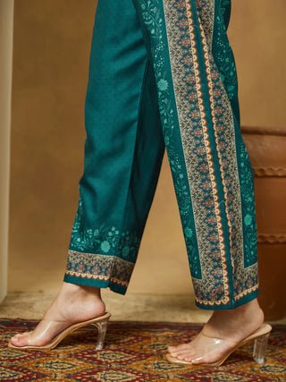 Teal Blue Cotton Blend Ethnic Motif Printed Suit Set with Chanderi Blend Dupatta