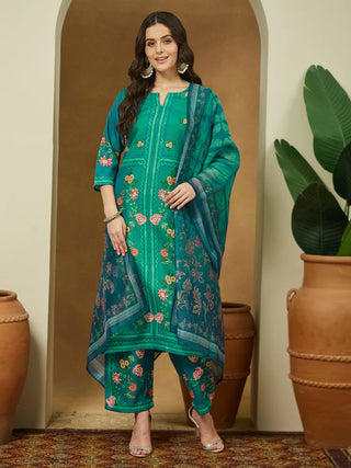 Teal Blue Cotton Blend Floral Print Suit Set with Chanderi Blend Dupatta