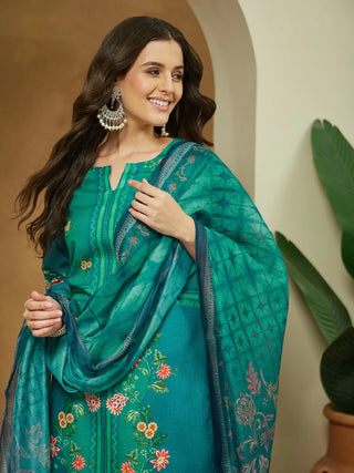Teal Blue Cotton Blend Floral Print Suit Set with Chanderi Blend Dupatta