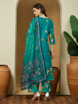 Teal Blue Cotton Blend Floral Print Suit Set with Chanderi Blend Dupatta