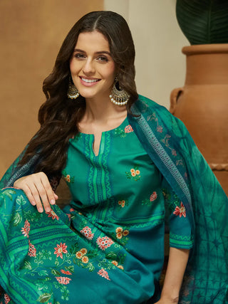Teal Blue Cotton Blend Floral Print Suit Set with Chanderi Blend Dupatta