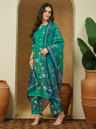 Teal Blue Cotton Blend Floral Print Suit Set with Chanderi Blend Dupatta