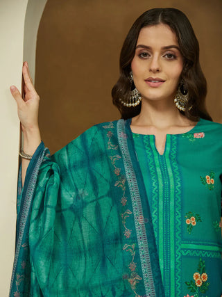 Teal Blue Cotton Blend Floral Print Suit Set with Chanderi Blend Dupatta