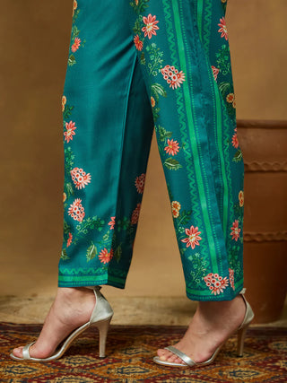 Teal Blue Cotton Blend Floral Print Suit Set with Chanderi Blend Dupatta
