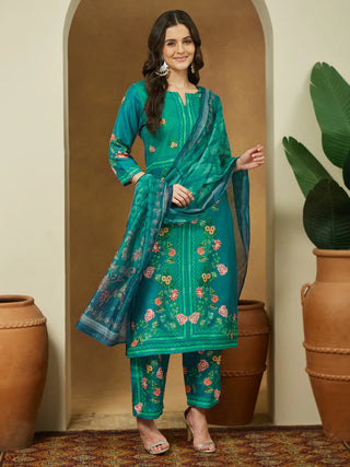 Teal Blue Cotton Blend Floral Print Suit Set with Chanderi Blend Dupatta