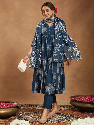 Teal Blue Cotton Floral Print A-Line Suit Set with Dupatta